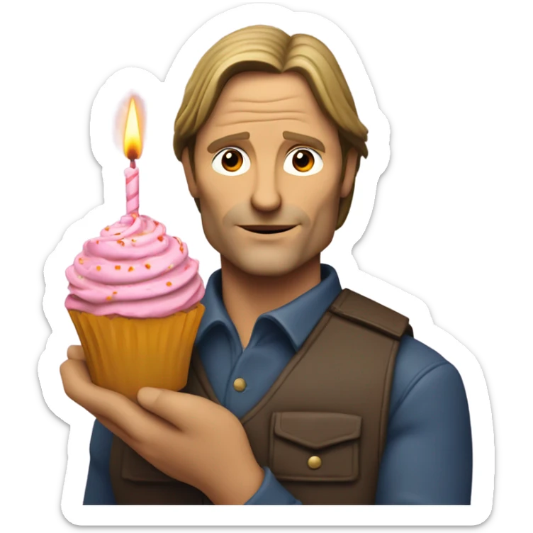Viggo Mortenson holding a bunch of flowers and a cupcake with a birthday candle in it sticker