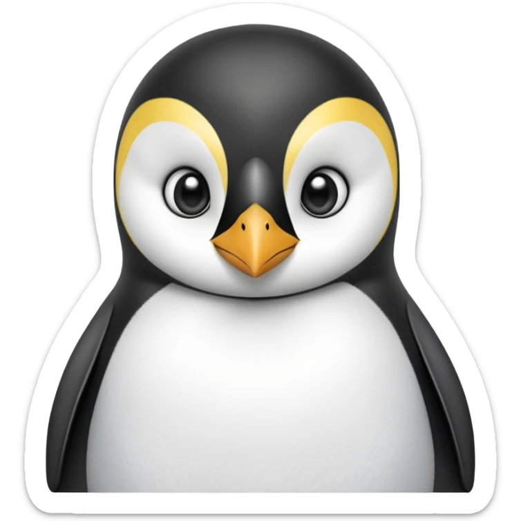 cinematic-adult-emperor-penguin-portrait-emoji,-head-tilted-playfully-and-inquisitively,-with-glossy,-pristine-plumage,-sparkling-eyes-filled-with-curiosity,-simplified-yet-irresistibly-adorable-features, black, large black eyes face sticker