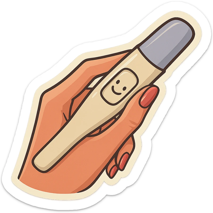 A pregnancy test held in a neat feminine hand with manicure and a smile on the test, in retro stickers style, featuring soft rounded shapes, expressive contours, vintage color palette, light paper texture, shadows and highlights, transparent background. sticker