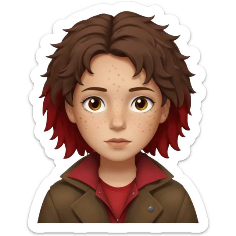 Hobo tomboy with light skin, freckles, dark brown shoulder-length hair in a messy style, brown eyes, dark brown coat, dull red shirt. sticker