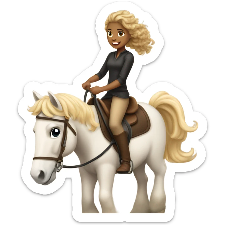 A tan girl with curly blonde hair riding a horse sticker
