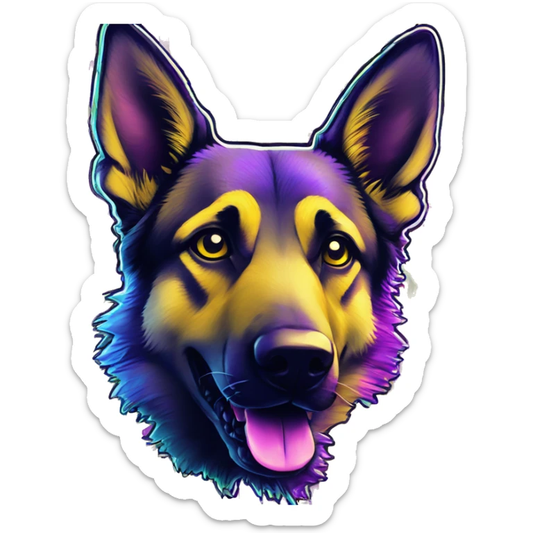 .Zombie_ Vaporwave black holographic oilslick zombie yellow German shepherd dog yellow caution tape graffiti stripes iridescent blue purple mane yellow stripes sticker
