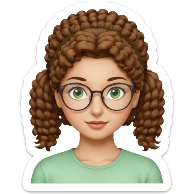 iranian woman, tight curly light brown hair in pony tail, glasses, green eyes, pretty, oval shape face sticker