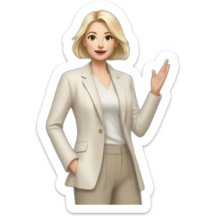 Full height Actively gesturing with hands pale skin woman with ash blonde Straightened bob Hair, White Spacious classical jacket, beige palazzo Arrow pants and gray blouse sticker