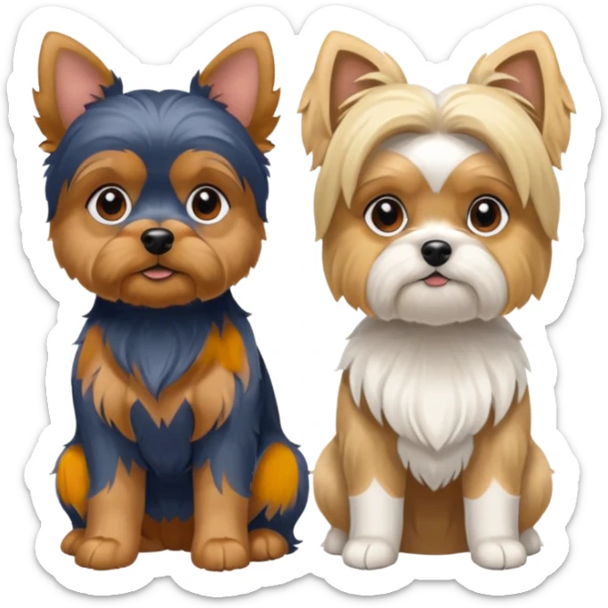 Generate a blue and tan purebred yorkie with a blonde shi tzu yorkie mix with floppy ears sitting next to each other. Make them the same size sticker