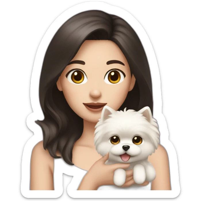 Girl with dark hair white skin holding cream Pomeranian  sticker