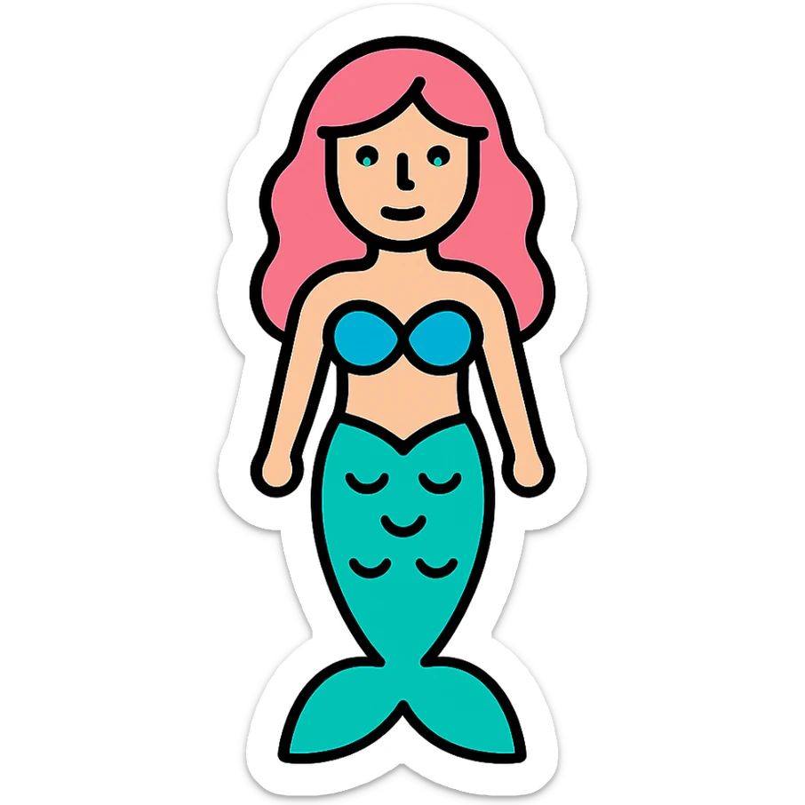 full length mermaid with pink hair, blue eyes, turquoise green tail, minimal detail, lineal color icon style sticker