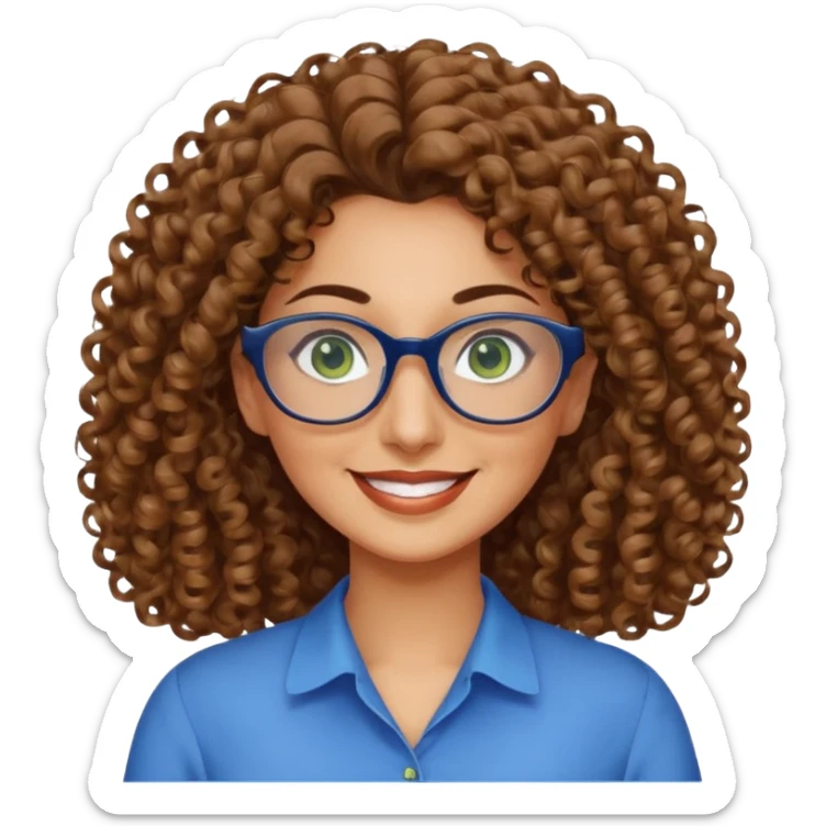 40 yr old Iranian woman, light brown very curly thick hair, shoulder length hair, green eyes, tan skin, big smile, big glasses, with pretty blue blouse sticker