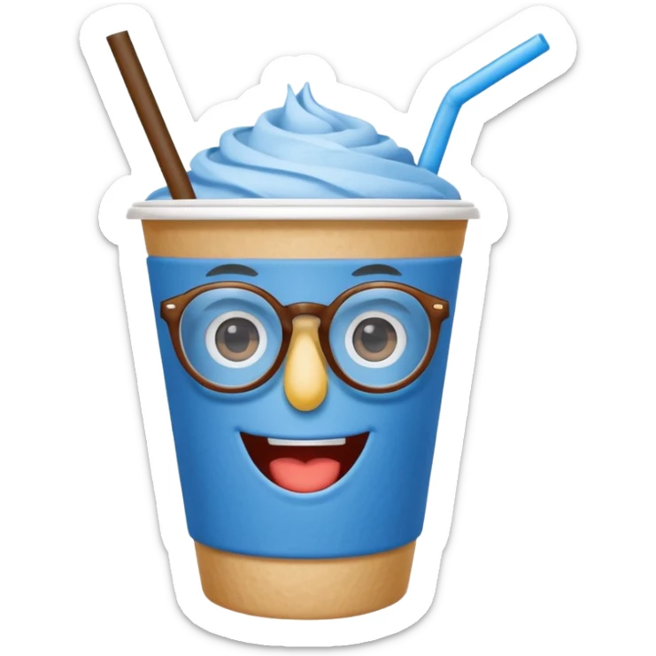 drink in a paper cup and straw, the cup has eyes and mouth and glassess sticker