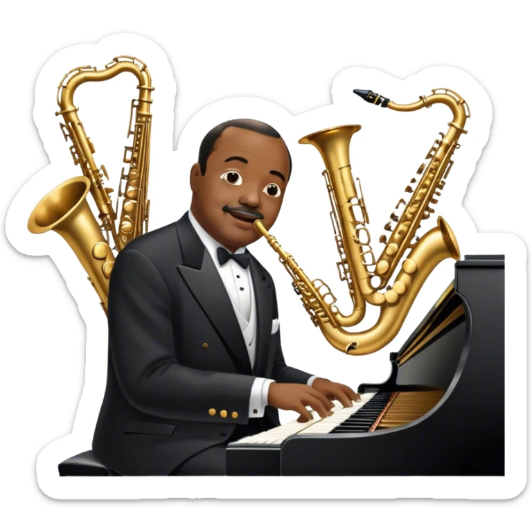 Icon for Jazz Music: Count Basie Orchestra, with Count Basie at the piano surrounded by jazz musicians playing instruments like saxophones, trumpets, and drums. Floating musical notes should capture the energetic and smooth vibe of big band jazz. Transparent background. sticker