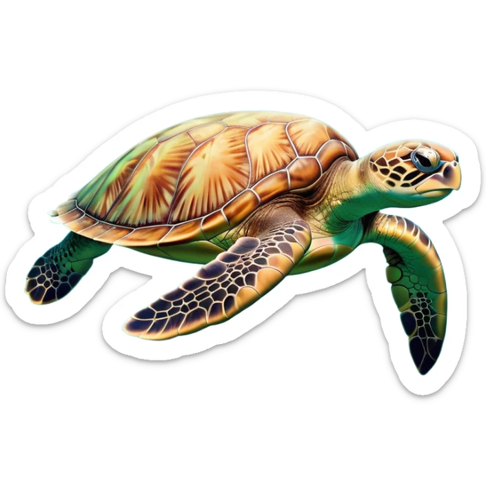 cinematic-sea-turtle-realistic-full-body-swimming-emoji,-graceful-streamlined-body-gliding-through-crystal-clear-waters,-large-flippers-moving-in-fluid-motion,-smooth-green-and-brown-patterned-shell-glowing-in-the-sunlight,-gentle-dark-eyes-filled-with-deep-wisdom,-bubbles-trailing-in-its-wake,-simplified-yet-realistic-focused-features,-highly-detailed,-glowing-with-an-oceanic-serene-light sticker