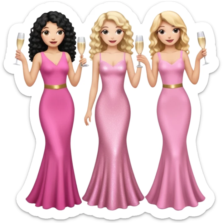 Three woman, one with black curly long hair and pink tight sparkly dress, the other with brown straight long hair and with pink tight sparkly dress and the last one with long blonde wavy hair and with pink tight sparkly dress celebrating with pink champagne sticker