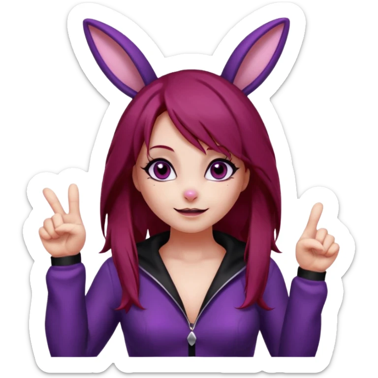 Bunny girl, with dark red crimson hair color, and black bunny ears. Deep purple eyes. Wears a classic bunny suit. List of expressions:
Disappointed expression
Thumbs up with a happy face
Happy face with sparkly eyes
Surprised face like " O_O "
silly and cute dead on the ground with X's on eyes. sticker