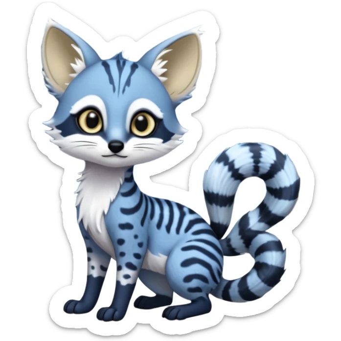 Snowy frosty Snow-lane chibi big-eyed sparkly-eyed animesque derpy cute scary spooky graceful dark-blue-pointed Civet-Genet-Numbat-Ocelot--Ocicat-hybrid-fusion, full body, tufted short tail, long big ears, short muzzle, whiskers, random markings sticker