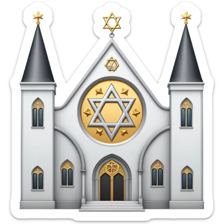 reform jewish synagogue similar in architecture to historical religious architecture in europe. the building should be white with silver/golden features, gothic architectural elements and star of david. no crosses. the emoji should be in ios emoji style. sticker