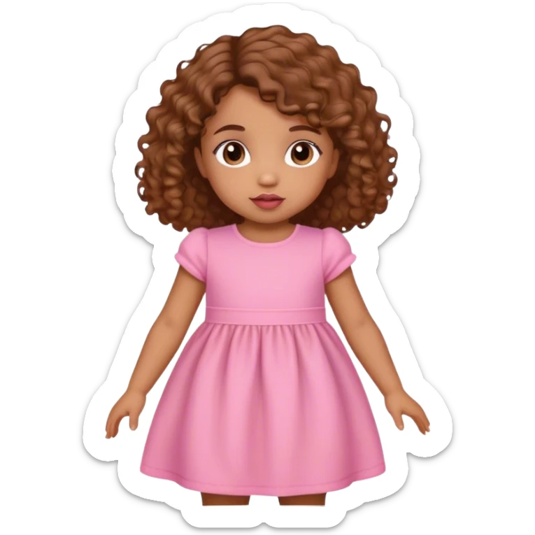 light brown skin tone, very adorable toddler, with big plump lips, long long lashes, brown curly bob, brown eyes, pink dress sticker
