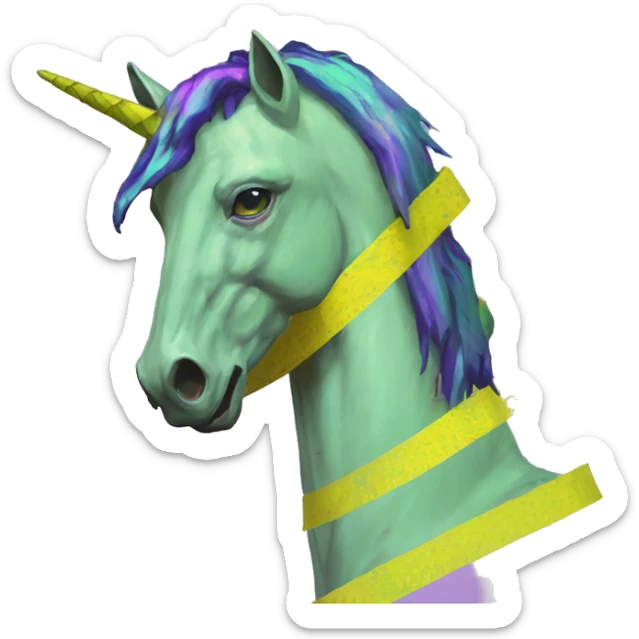 Pixel art of Zombie Vaporwave black holographic oilslick zombie unicorn yellow caution tape sticker
