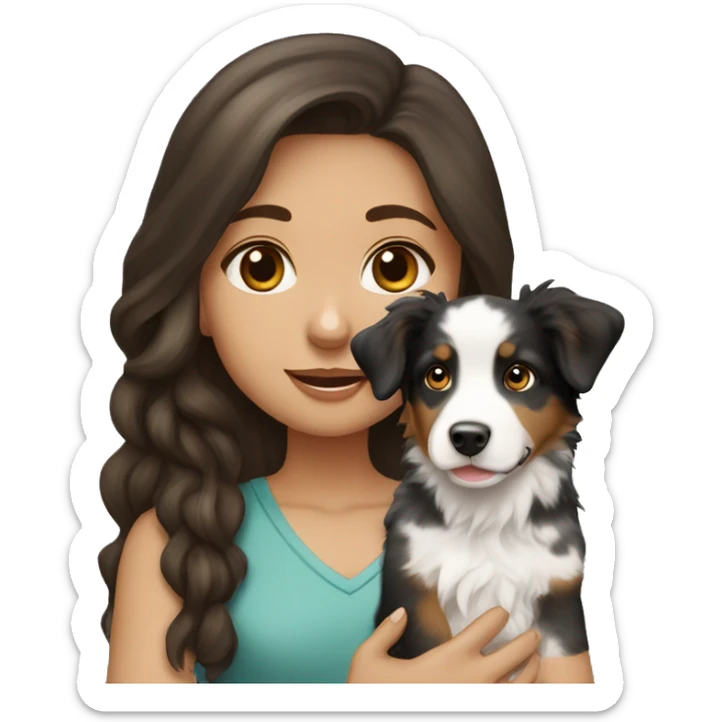 Brunette long hair light tan girl with black and white Australian shepherd puppy sticker