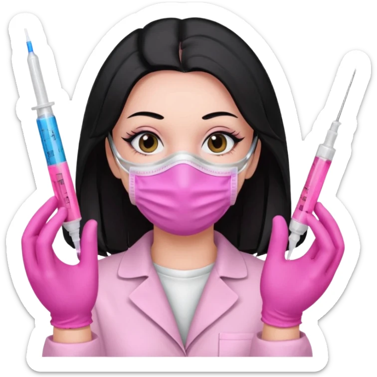 laboratorista con guantes rosa y mascarilla rosa  jeringa tubos  sin lentes pelo lacio negro y largo  sticker