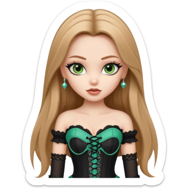 pretty bratz girl, long straight LIGHT BROWN HAIR, jade green eyes, black eyeliner, pale skin, black corset clothes with laces sticker