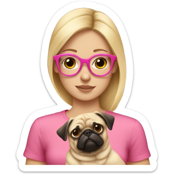 Blond girl with pink glasses wearing  a pink shirt holding a pug  sticker
