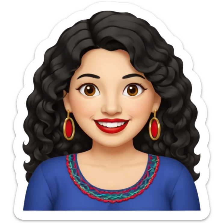 40 yr old Mexican woman, slightly chubby, wavy/curly long black hair, red lipstick, big smile, white teeth, brown eyes, hoop earings, side part to hair, round face, nice blouse, no wrinkle hair side swept, big hoop earing sticker