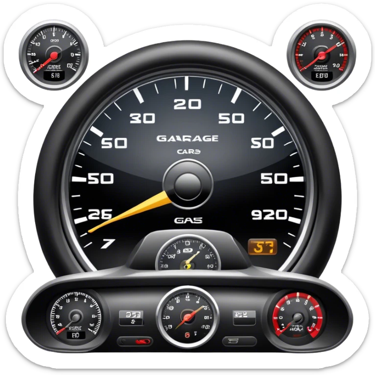 An icon showing a racing game interface, inspired by Grand Turismo. The design features a garage with a selection of high-performance cars, along with race track visuals in the background. Speedometer, lap timer, and other HUD elements add to the excitement. Transparent background sticker