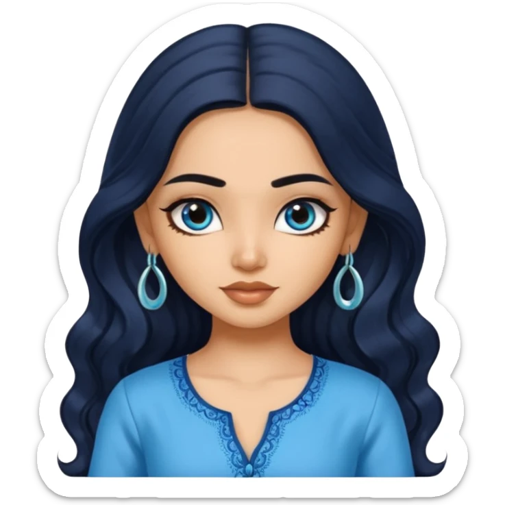 a pretty indian bratz girl with wavy long black hair, wearing a blue kurti, eyeliner on, indian auto behind her sticker