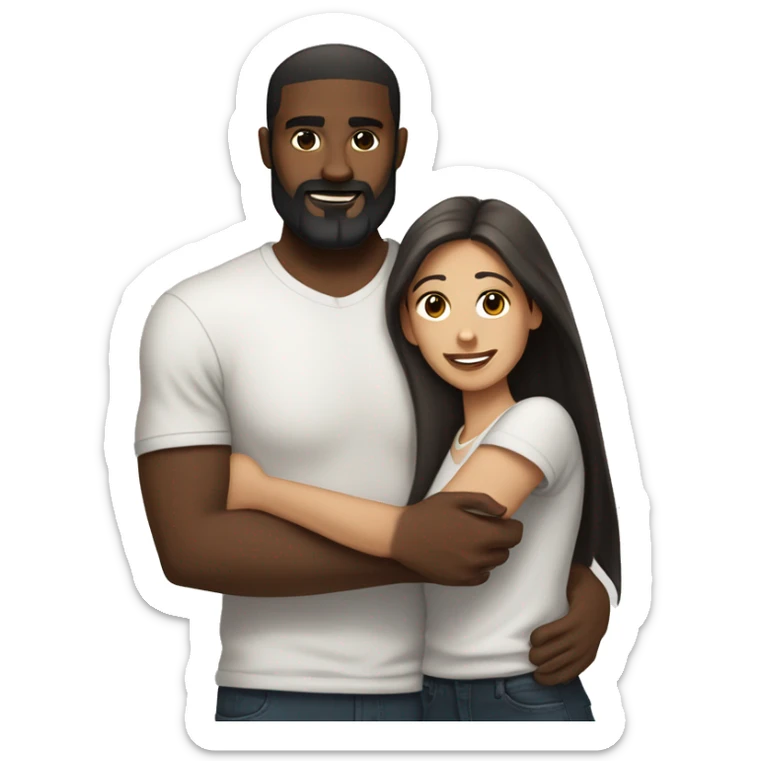 light skin woman with very long straight brown hair hugging black man with very short dark hair and a long dark beard wearing a white tshirt sticker