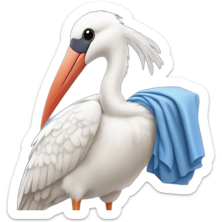 White stork carrying a blue bundle of cloth in its beak that has a human baby with dark hair and the baby head is peeking from the fabric bundle the strok is carrying with its beak sticker