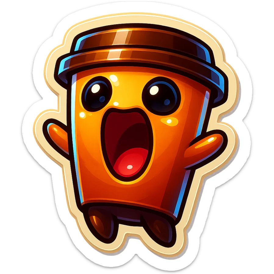 Tall coffee cup, wild, over the top, excited, big eyes, big mouth, screaming, tilted back sticker