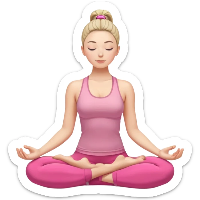 caucasian woman with high ponytail in lotus position meditating, eyes closed, peaceful expression, pink yoga clothes sticker