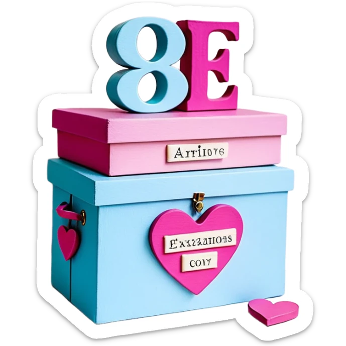 Una cajita rosa pastel con detalles fucsia, un recuadro crema con letras fucsias (Declaraciones de Fe – Exitosas con Dios – Romanos 4:17), corazones decorativos con palabras y un corazón azul con el número 99 arriba. sticker