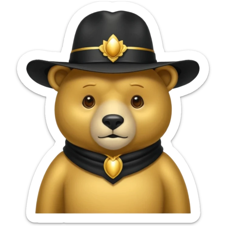 Oso dorado con un sombrero elegante    negro y  en   su cuello un moño negro sticker