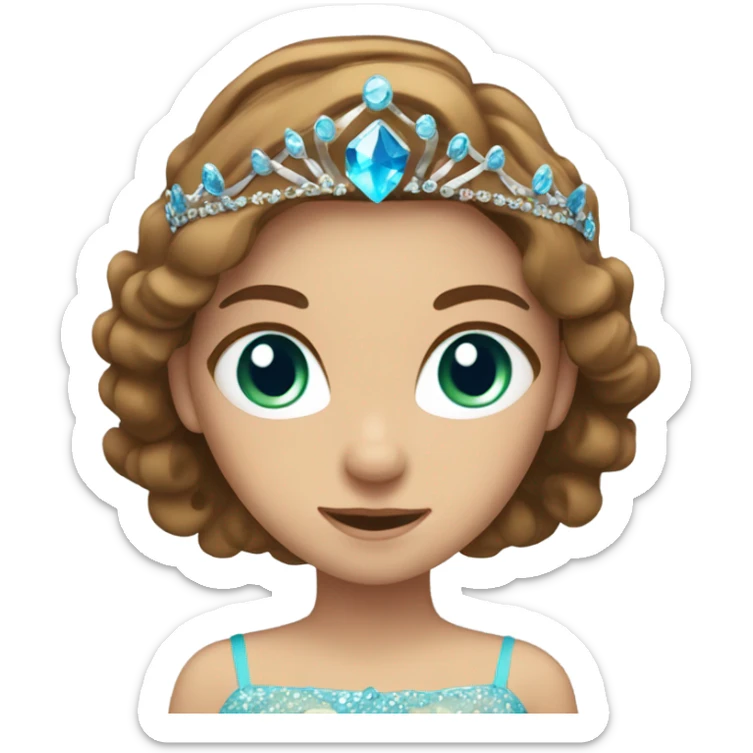 Girl with long brown hair and blue/green eyes wearing a tiara sticker