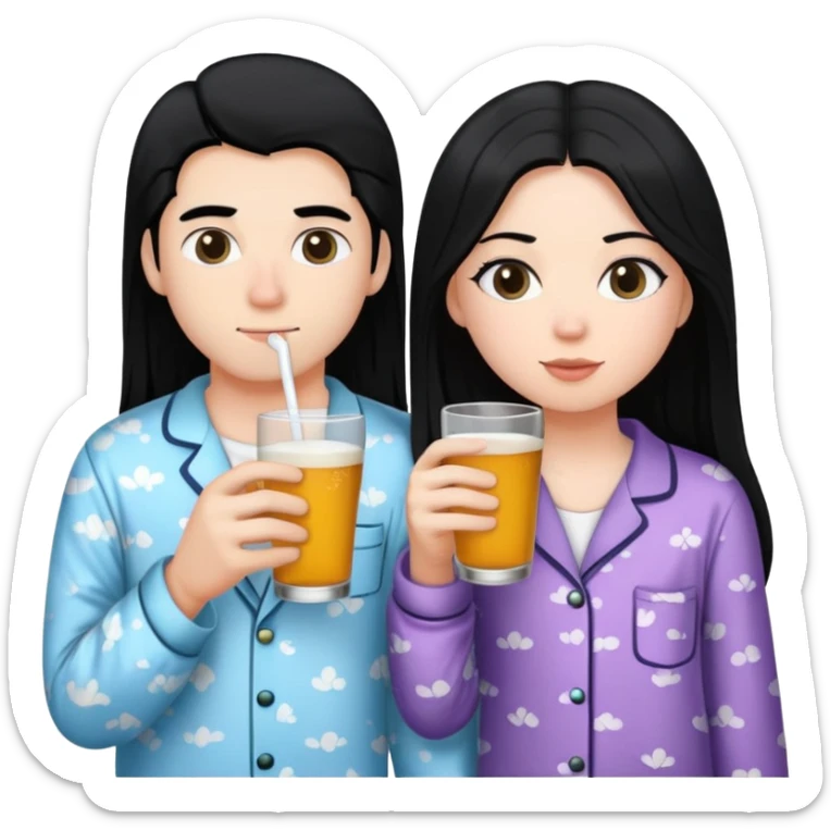 2 friends at a bed wear pajama drinking 1 white boy black hair 1 white girl black long hair sticker
