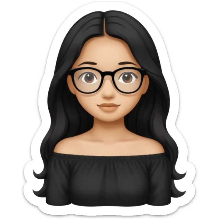 teen Filipina girl with black glasses and long black slightly wavy hair with cute cozy off the shoulder top sticker