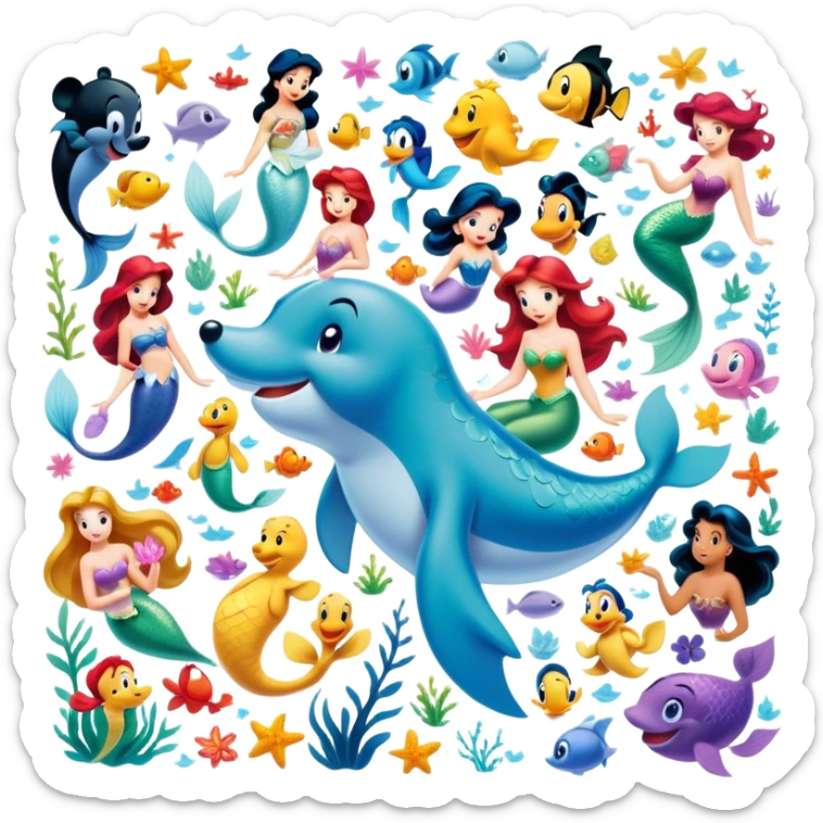 Icon for Animated Characters: A colorful, large-scale collage of beloved cartoon characters, including Franco, Mickey Mouse, Winnie-the-Pooh, Ariel the Little Mermaid, Jasmine and others. Bright and vibrant, full of whimsical charm. Transparent background. sticker