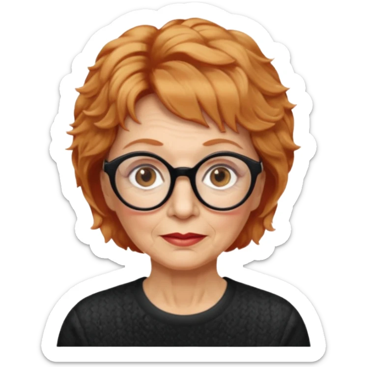 woman 70 years old, very short strawberry blonde weavy hair, brown eyes and round dark glasses sticker