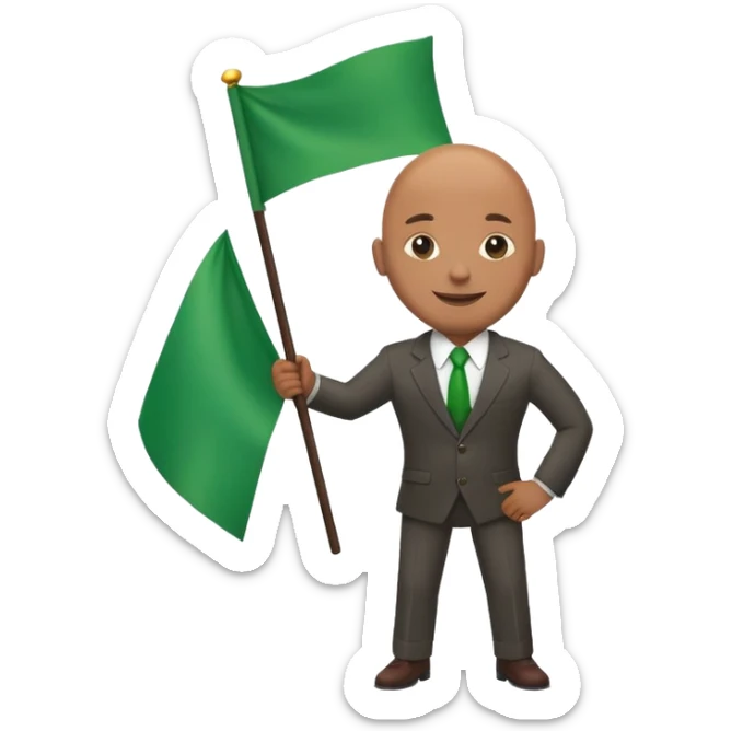 Create a emoji of a man in a suit brown skin with bald holding a green flag smiling sticker
