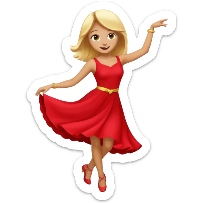 a yellow-blonde woman dancing wearing a red dress, in flat emoji / Apple style, smooth shapes, glossy highlights, bright saturated colors, simple features, minimal details, no outlines, red clothes flowing, joyful pose
 sticker