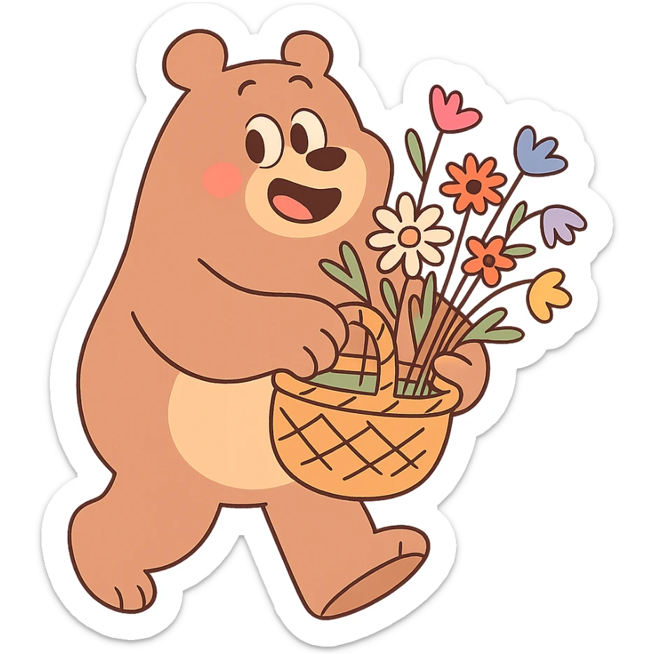 bear carrying a basket of wildflowers, soft pastel brown and cream, calArts 2010s pastel toon style sticker