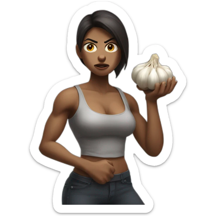 muscular angry woman with a cross in his hand and a garlic sticker