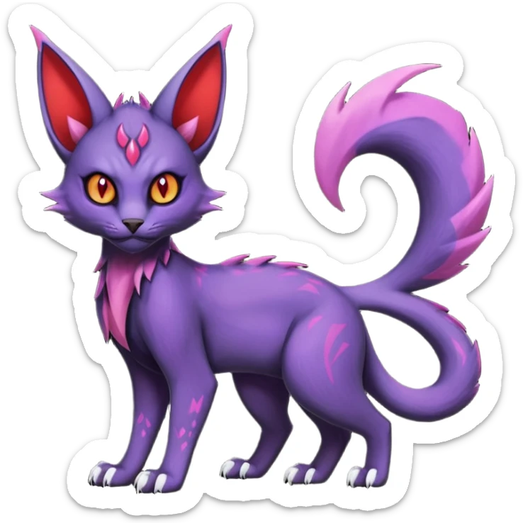 Black edgy Noivern-Noibat-Purloin-Torracat-Lykoi-Caracal-cat-Fakemon-fusion-hybrid-creature with violet and red scale markings sticker