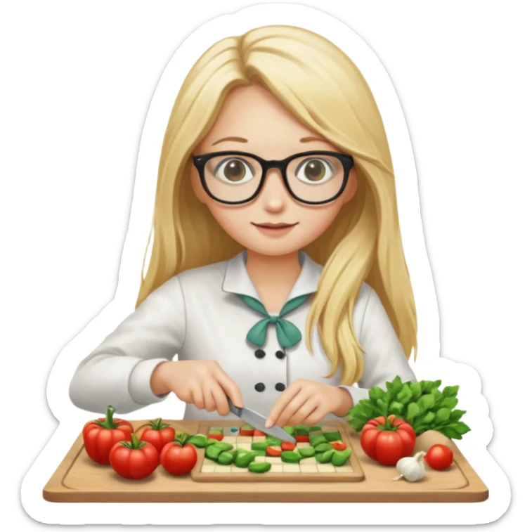 je voudrai un emoji d'une fille aux cheveux longs et blonds avec des lunettes entrain de découper, une entrain de faire un jeu de société, une qui cuisine, sticker