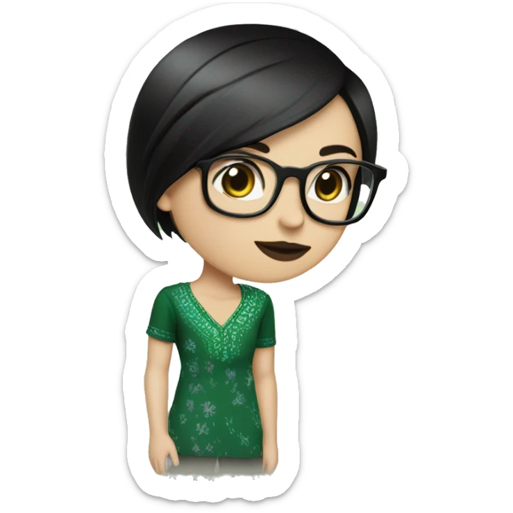 White girl in a green kurta with flower design, glasses, alot of piercing, gay, red lips, nose ring, full body, short straight black edgar hair, black straight hair sticker