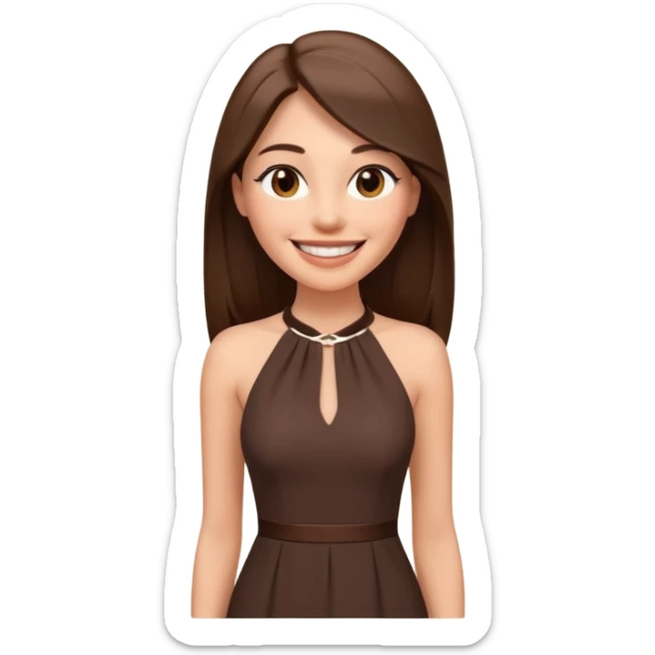 emoji-style illustration of a stylish pretty big smile woman with long straight brown hair, wearing a dark halter neck dress, elegant and minimalistic look, front-facing, soft 3D cartoon rendering, plain background sticker