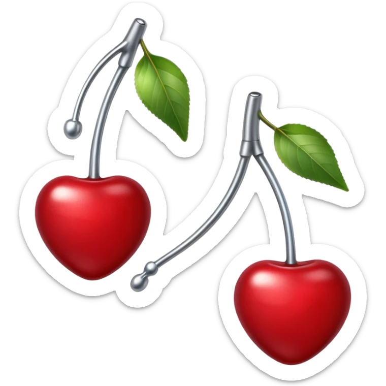 A pair of cherries emoji made of polished silver chrome, smooth rounded shapes, glossy metallic finish, soft highlights and reflections, cute proportions, iOS emoji style, centered, clean white background, no text sticker