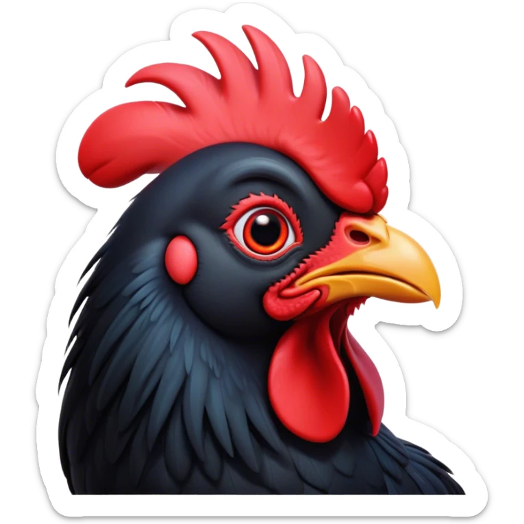 Cinematic Cute Black Rooster Portrait Emoji, Head tilted playfully and inquisitively, featuring a glossy, immaculate black plumage with a vibrant red comb, round, sparkling eyes filled with curiosity, Simplified yet irresistibly adorable features, highly detailed, glowing with a warm, friendly glow, high shine, affectionate and spirited, stylized with a touch of farmyard whimsy, bright and endearing, soft glowing outline, capturing the essence of a mischievous yet loving rooster, so playful it feels like it could strut out of the screen and into your arms! sticker