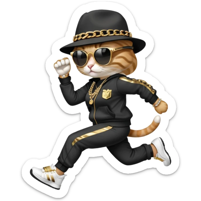 female cat running upright wearing Run DMC hip-hop outfit, tracksuit, fedora, Adidas sneakers, dark sunglasses, many gold chains, bling accessories (rings, bracelets, earrings) sticker